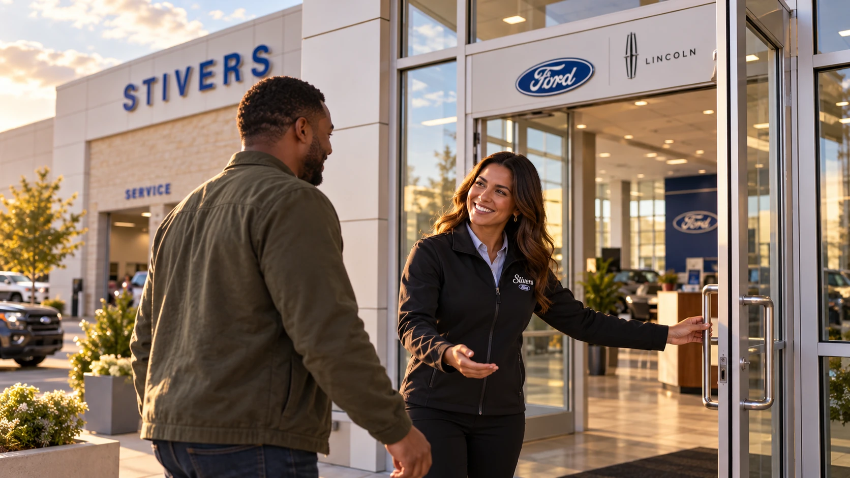 Conceptual cinematic scene of a Stivers representative welcoming a customer at the dealership entrance